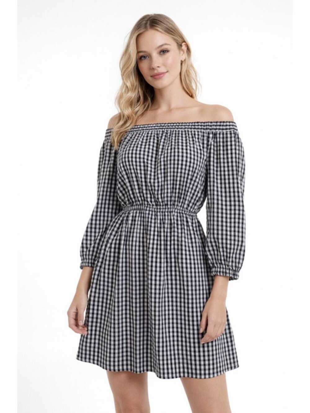 Divided H&M Gingham off Shoulder Mini Dress Womens Sz 4 Blank White 3/4 Sleeve